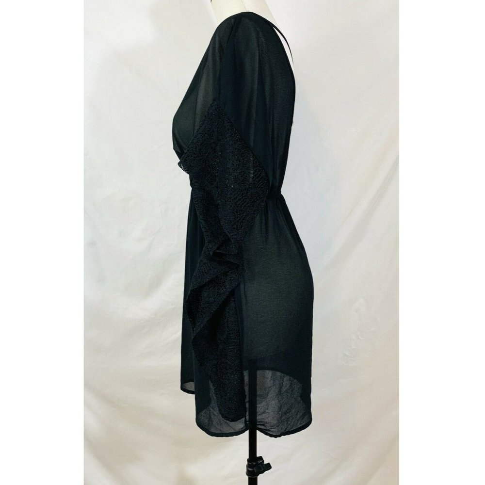 Beach Sheer Cover Up Dress Size Small Black Ruffle VNeck - Picture 4 of 12
